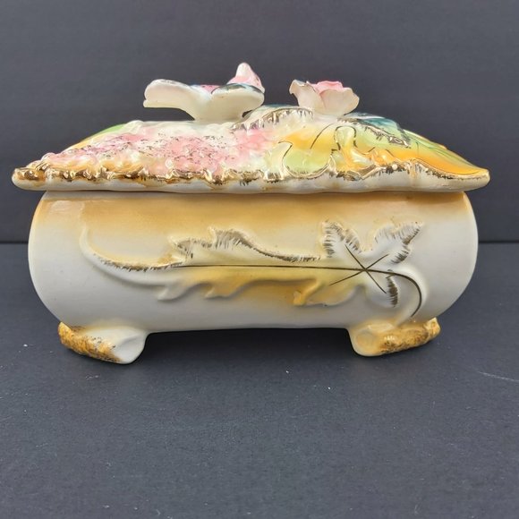 Porcelain Jewelry Trinket Box Gold Gilded with Matching Trays Bird Flower Leaves - Picture 3 of 16